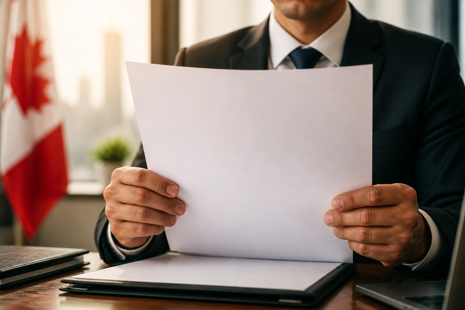 Portrait of a professional with a blank document representing post-offer steps