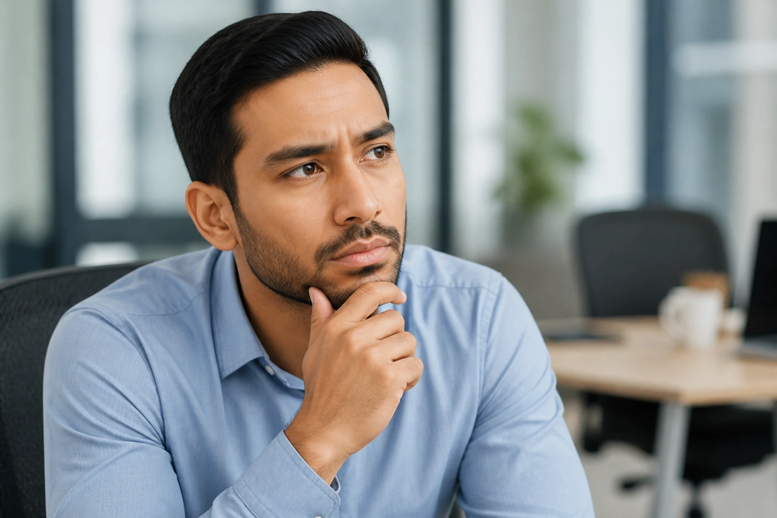Candidate in office thoughtfully considering job offer questions