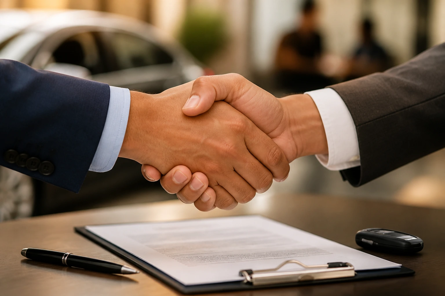Handshake over a blurred contract symbolizing careful offers