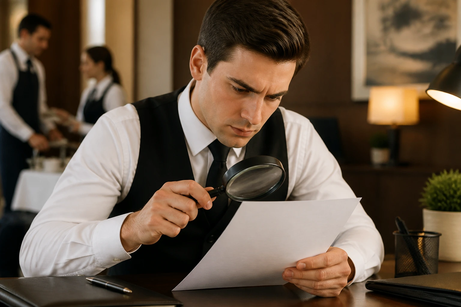 Person studying a job offer with a magnifying glass at a desk