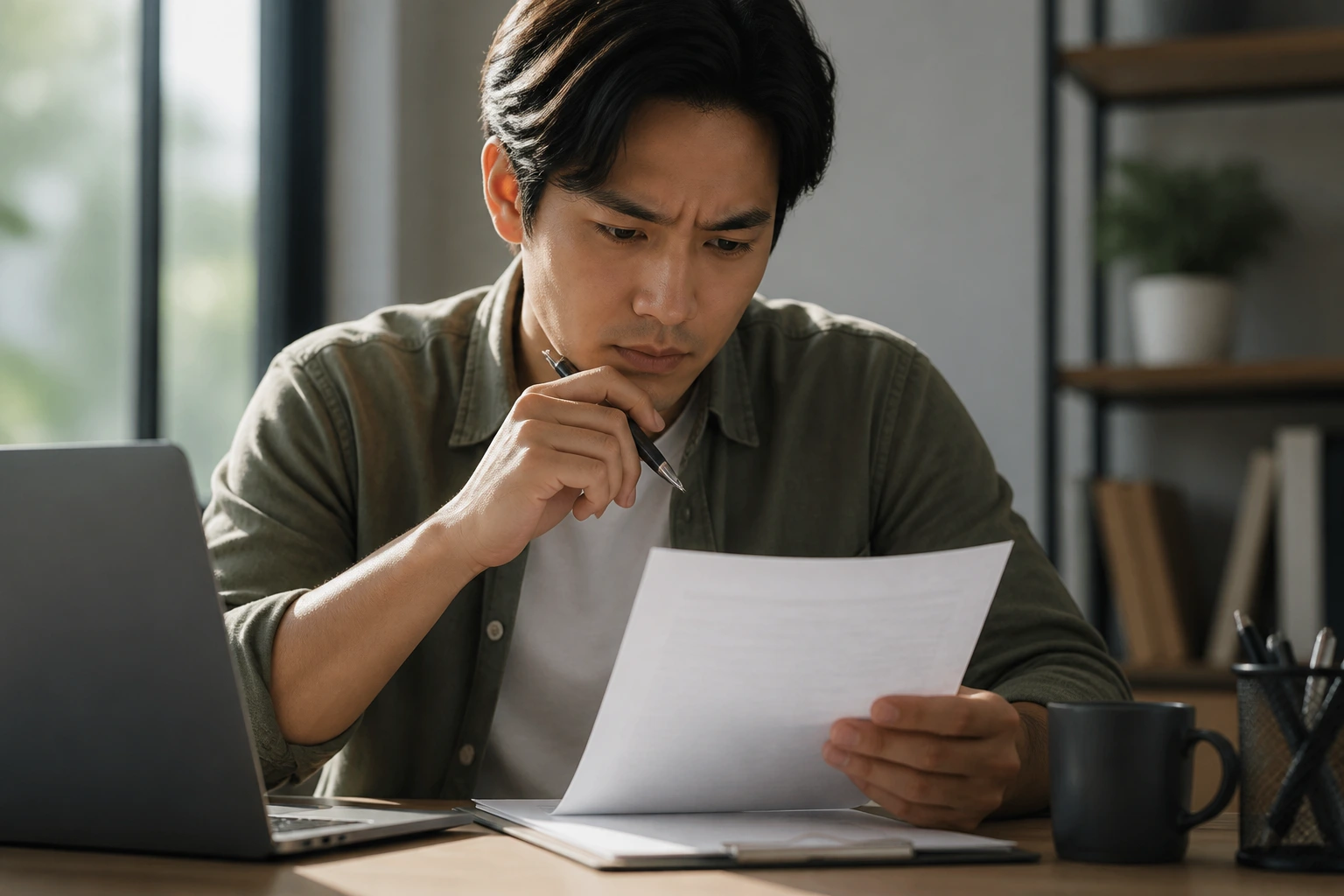Person carefully reviewing a job offer contract at a desk