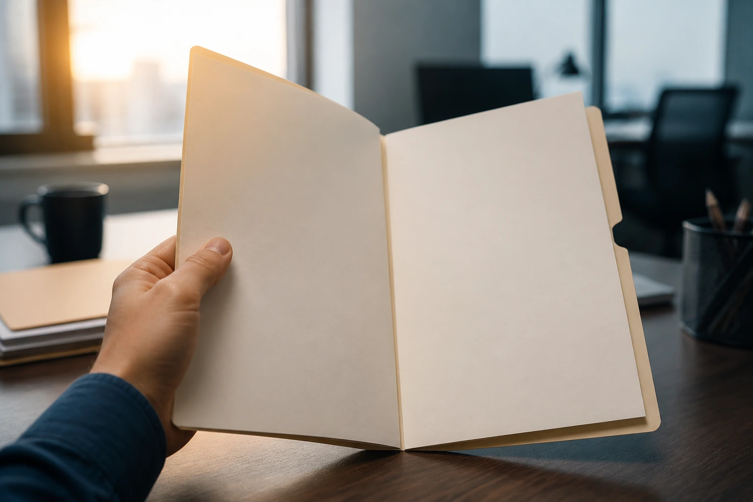 Close-up of a hand holding an unmarked folder in a quiet morning office