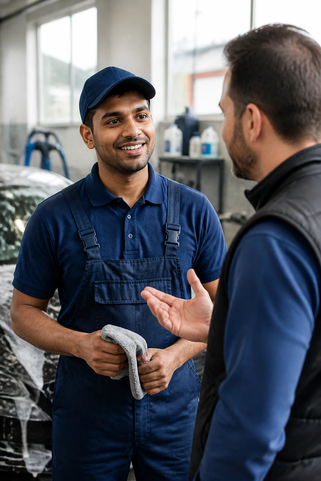 Car wash attendant in uniform conversing with supervisor in bright staff area