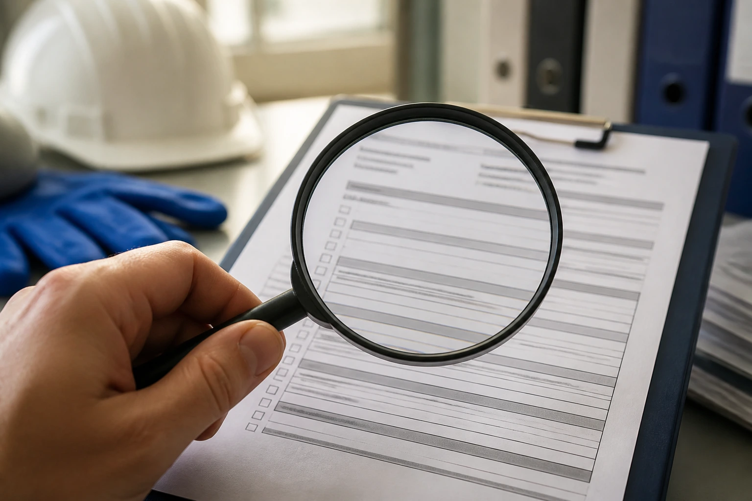 Close-up of magnifying glass over a document with blurred lines, illustrating careful reading of a job order