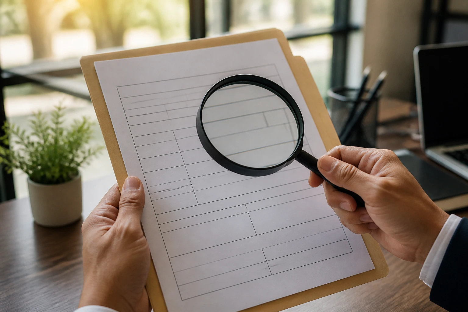 Close-up of hands with a blank job order form on a desk, no legible text.