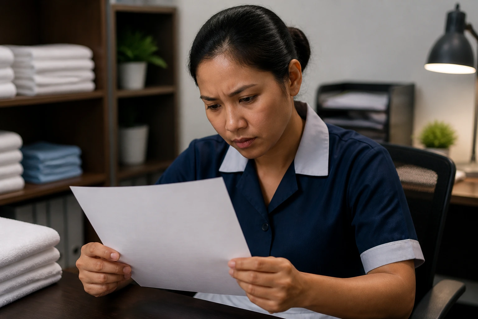 Cleaner evaluating a job order in an office setting
