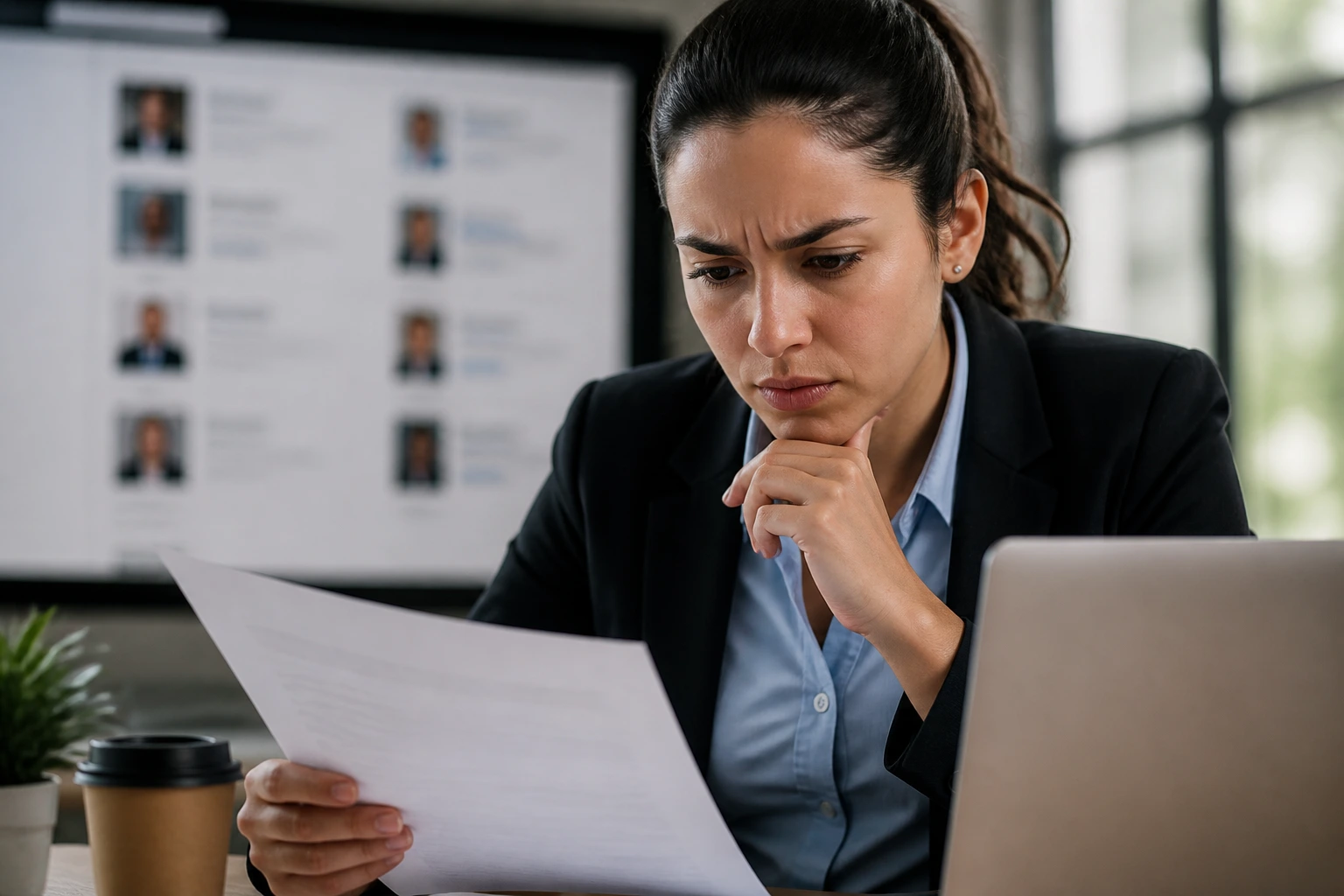 Focused person reviewing a job posting on a laptop with a vigilant look, in a quiet office