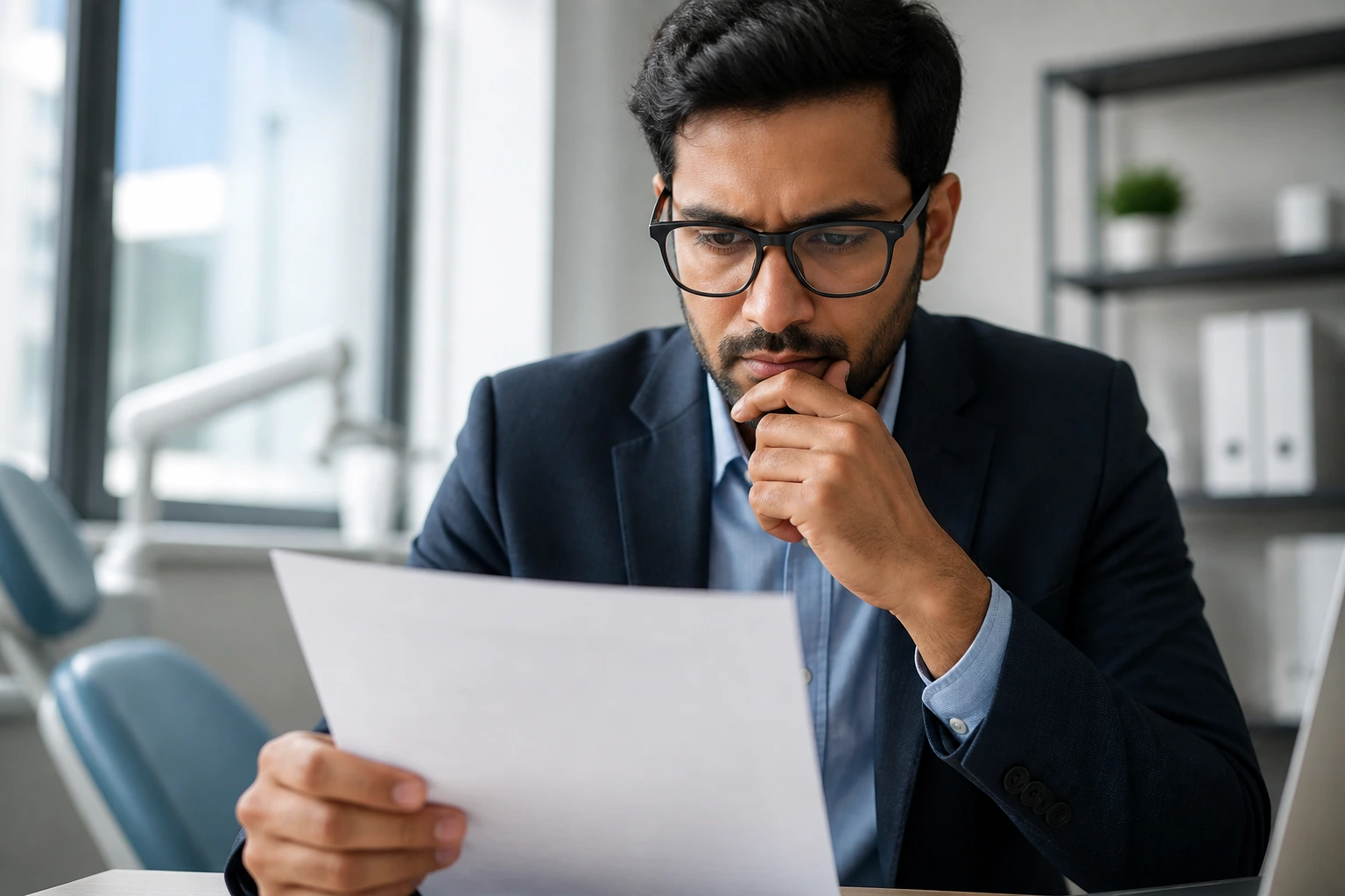 Close-up of a professional reading a job posting in a modern office