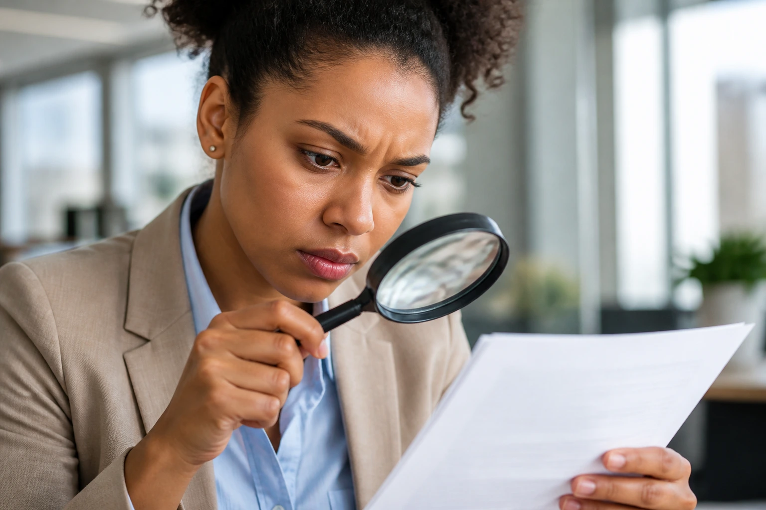 Person scrutinizing a document with a magnifying glass in an office