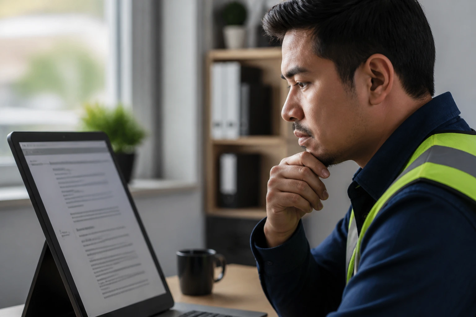 Person examining a job posting on a tablet with the screen blurred to avoid legible text.