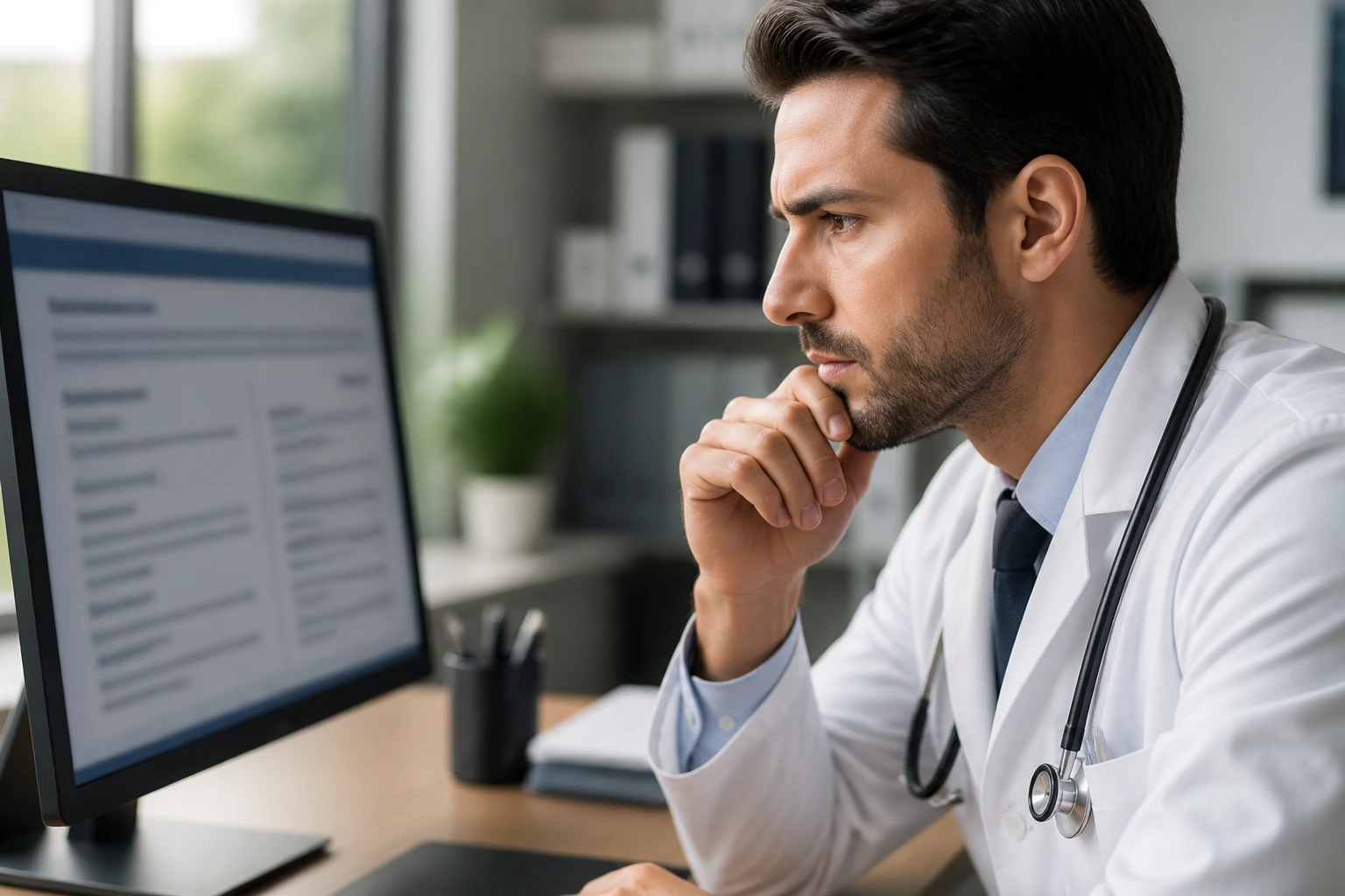 Doctor reviewing job posting on monitor