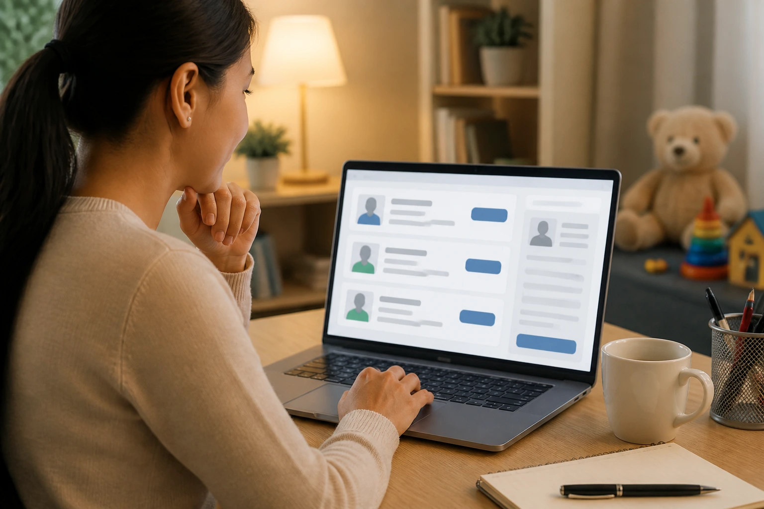 Person browsing legitimate sponsored babysitter job listings on a laptop at home.