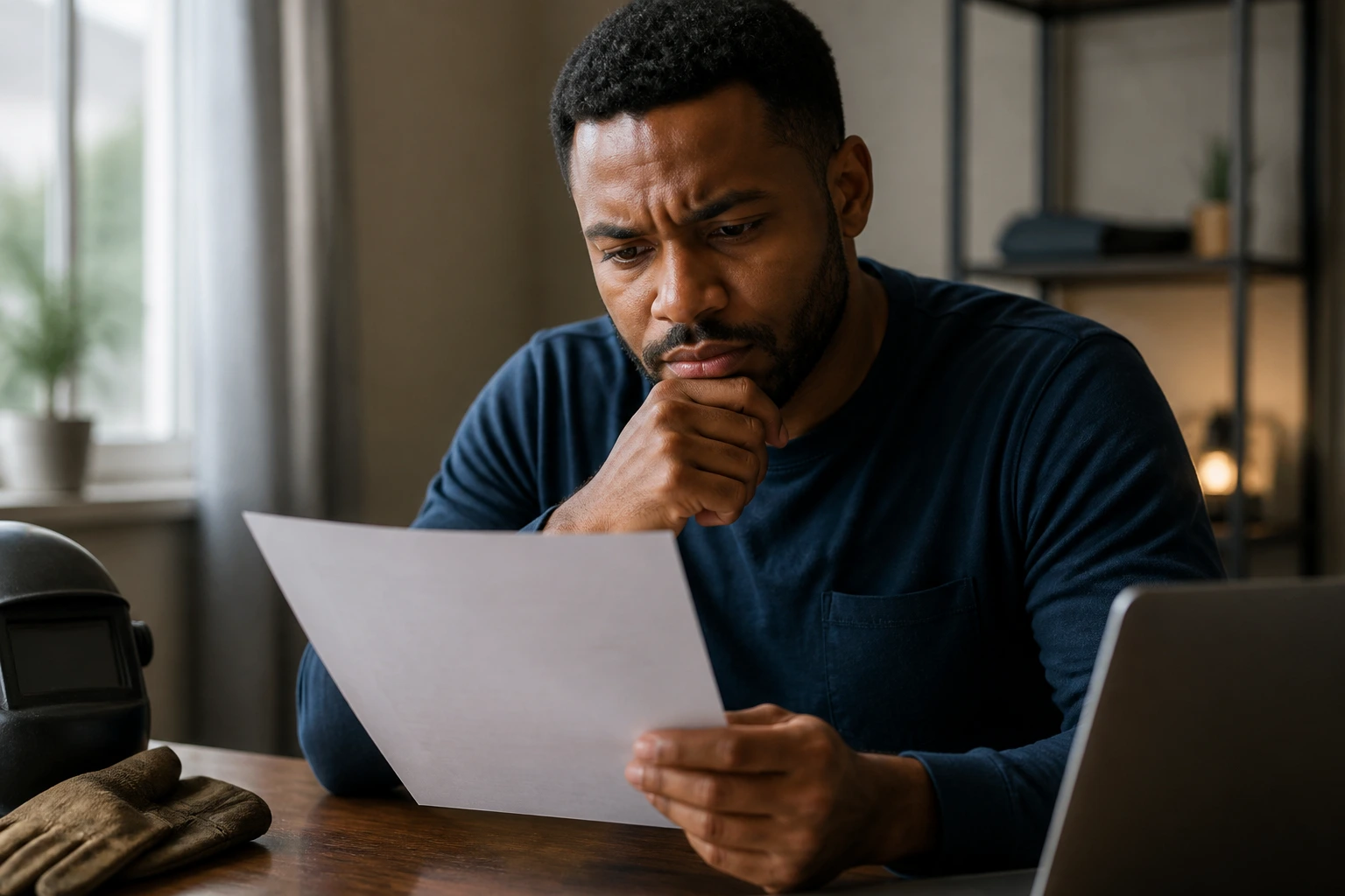 Person reading a job post in a home office, thoughtful expression