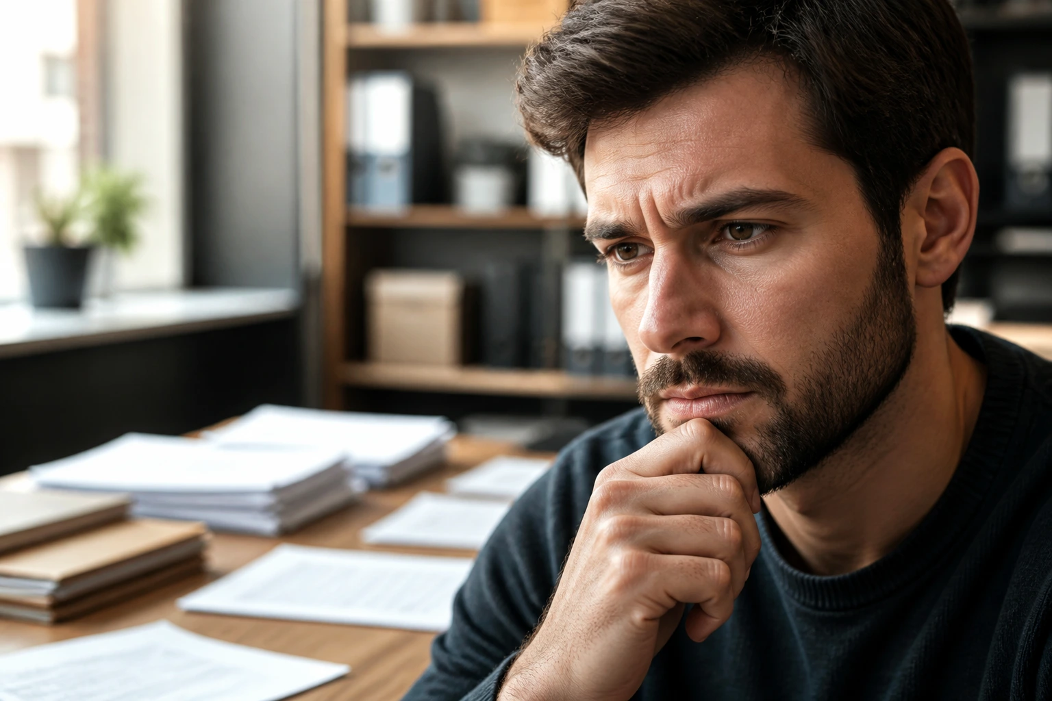 Thoughtful job applicant in an office with blurred documents suggesting rejection risk