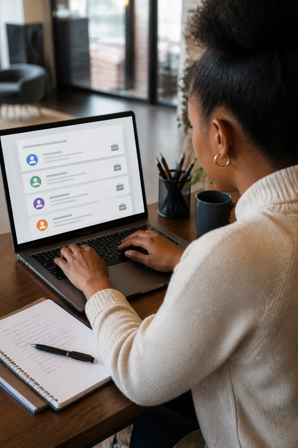Person researching job opportunities at a desk on a laptop