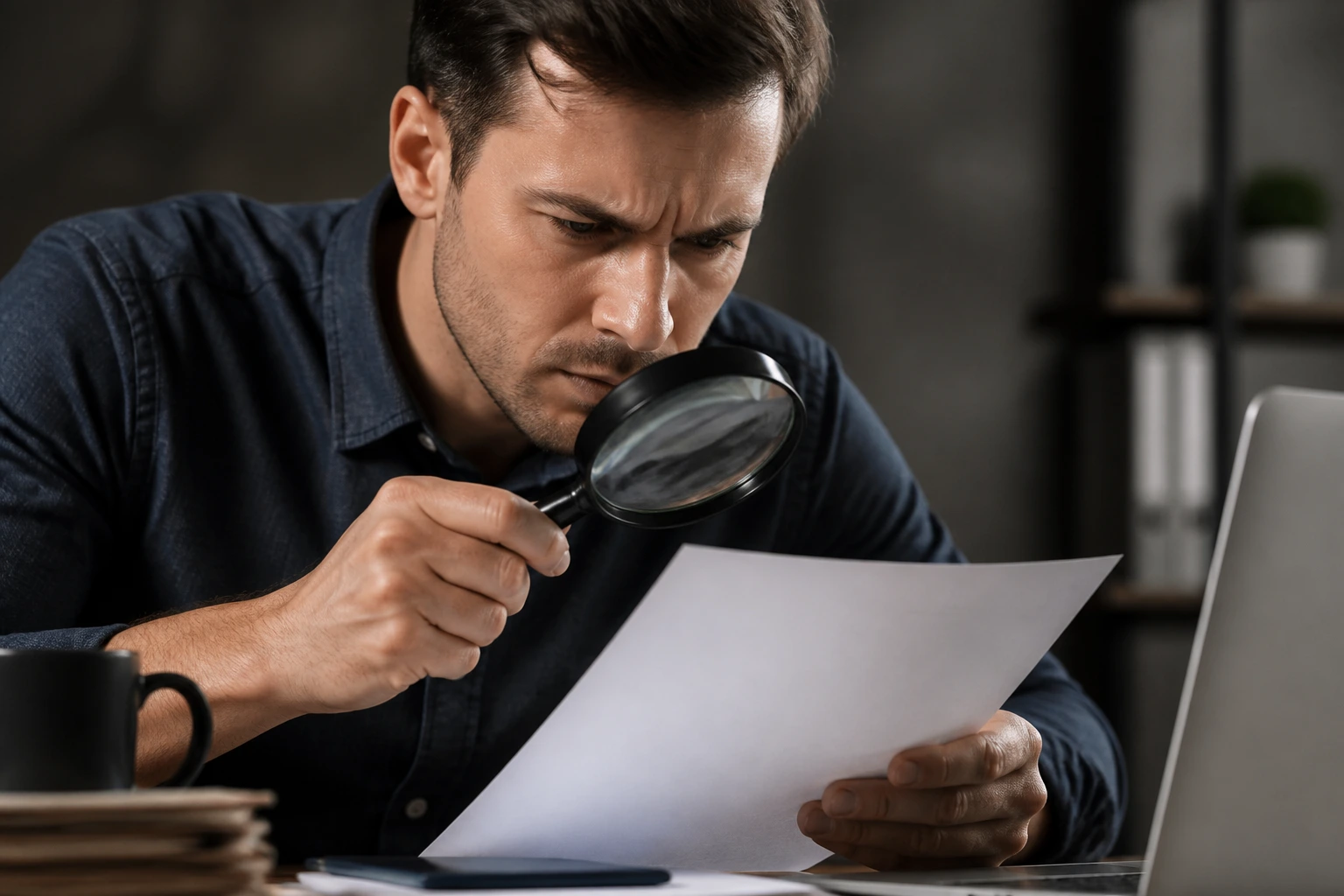Person inspecting a document with a magnifying glass to detect scams