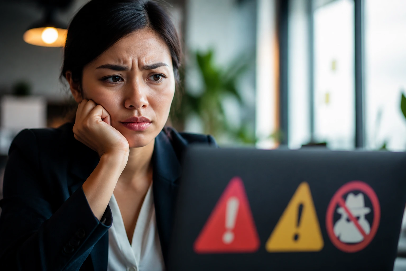 Close-up of wary job seeker evaluating suspicious job ads in an office, warning icons on screen