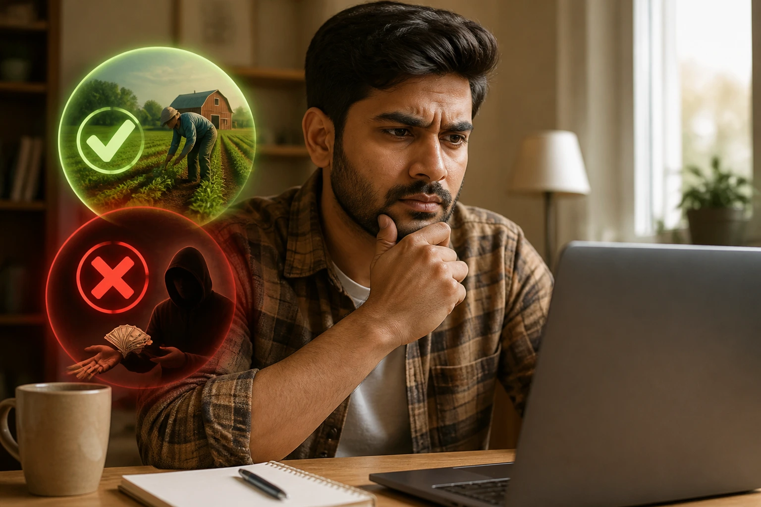 Wary job seeker evaluating online offers.