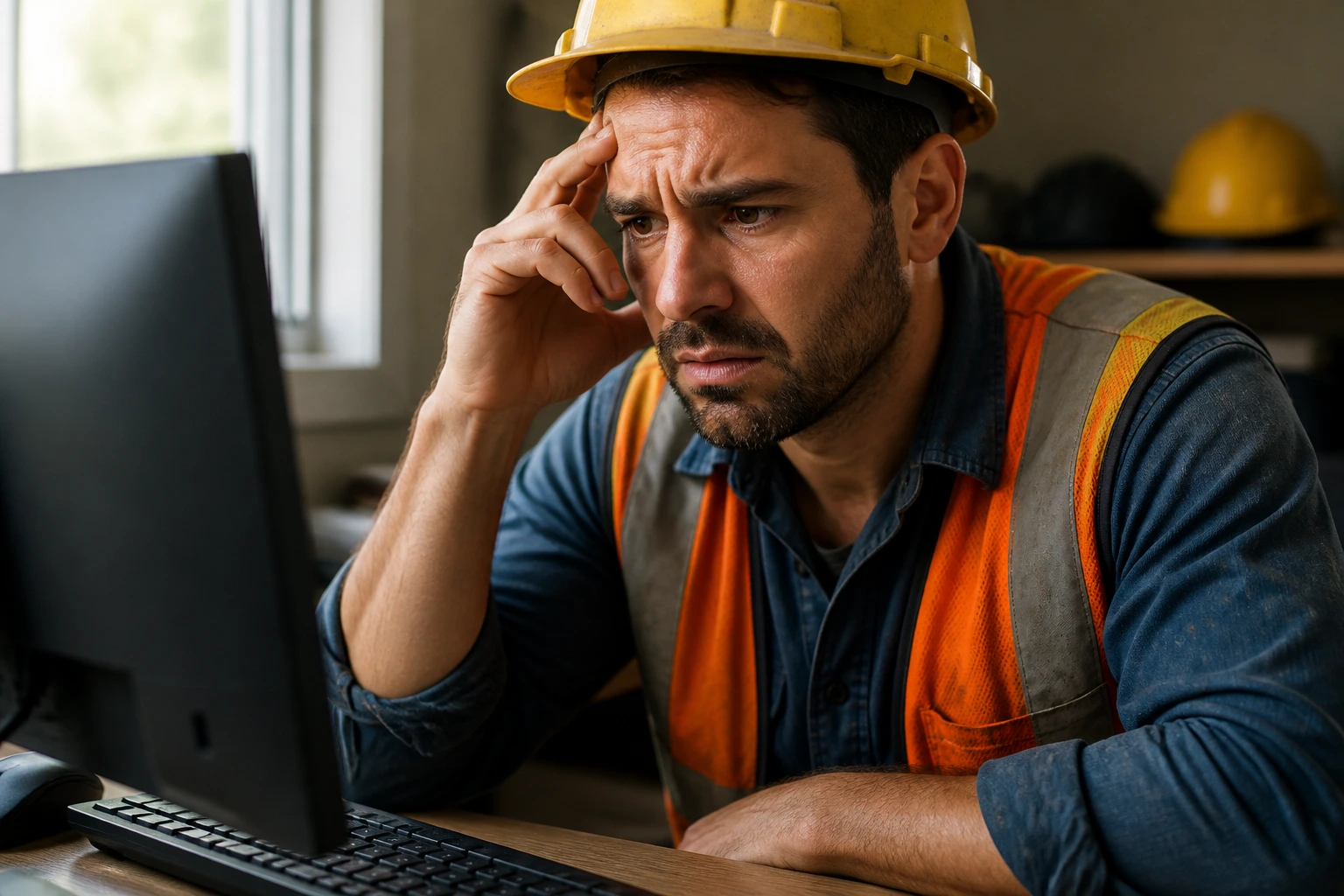 Close-up of a wary worker spotting scams online