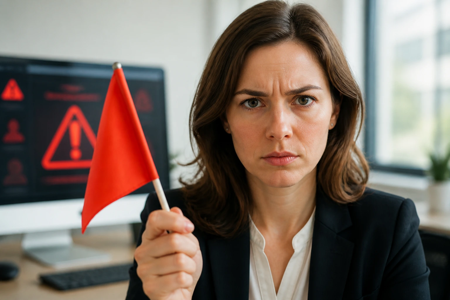 Portrait of a cautious professional in an office with a blurred monitor suggesting job scam awareness