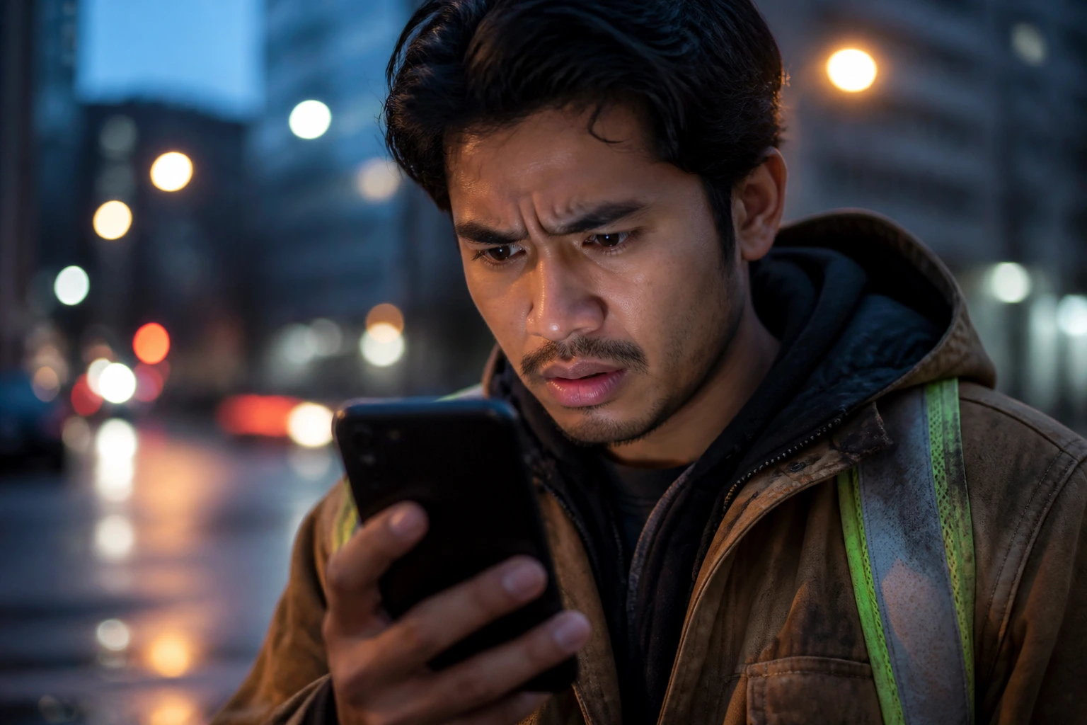 Wary candidate checking a suspicious job offer on smartphone on street