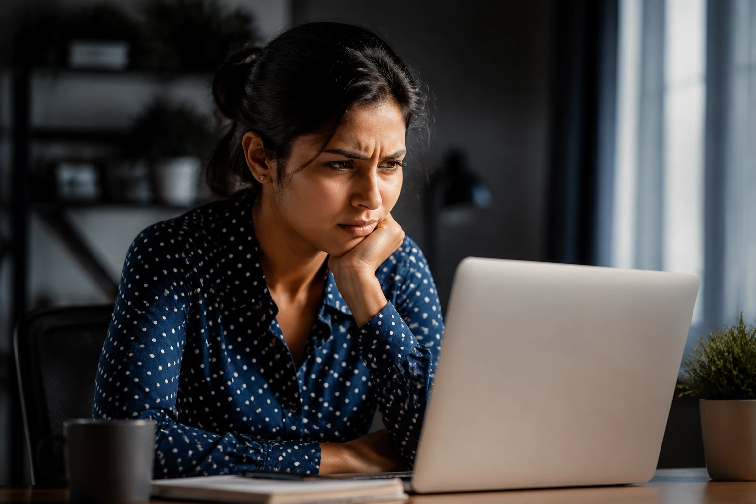 Person looking skeptically at a laptop in a dim home office