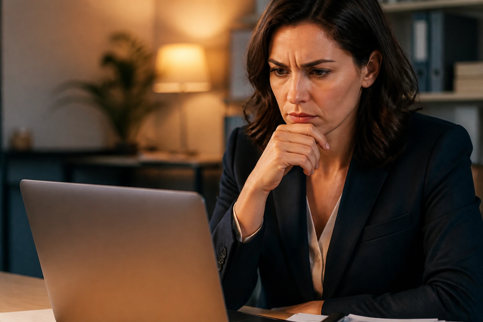 Close-up of a cautious professional at a laptop signaling vigilance against scams