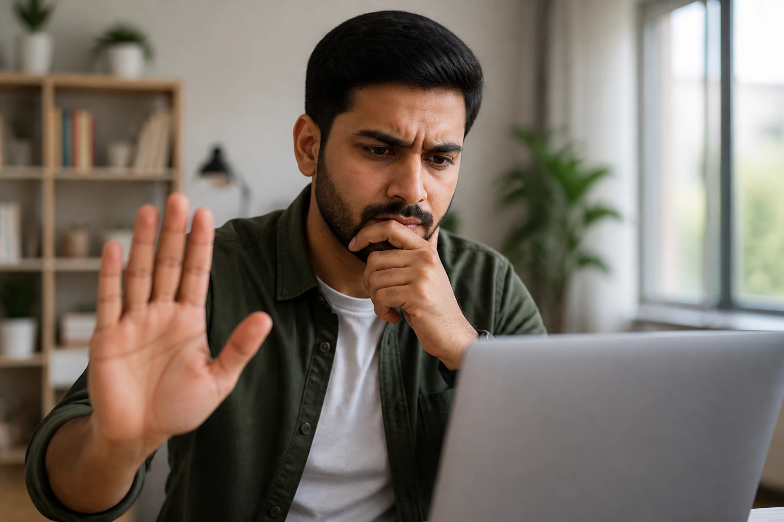 Close-up portrait of wary professional at home office considering job offers