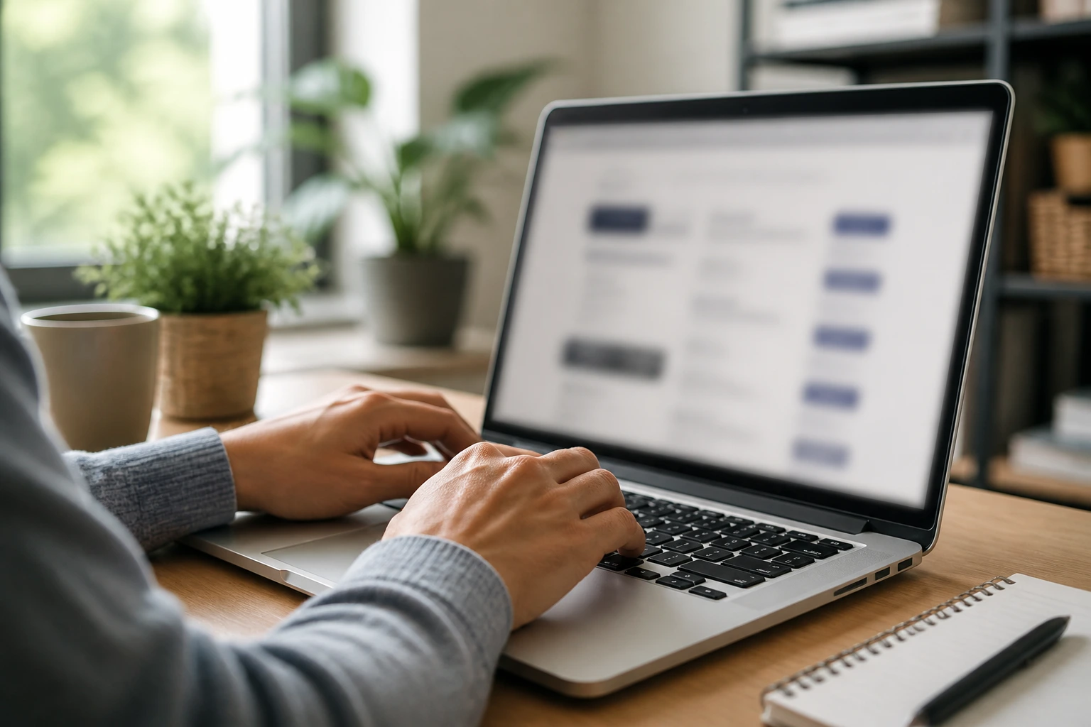 Person typing on laptop in home office with blurred screen, no text visible.