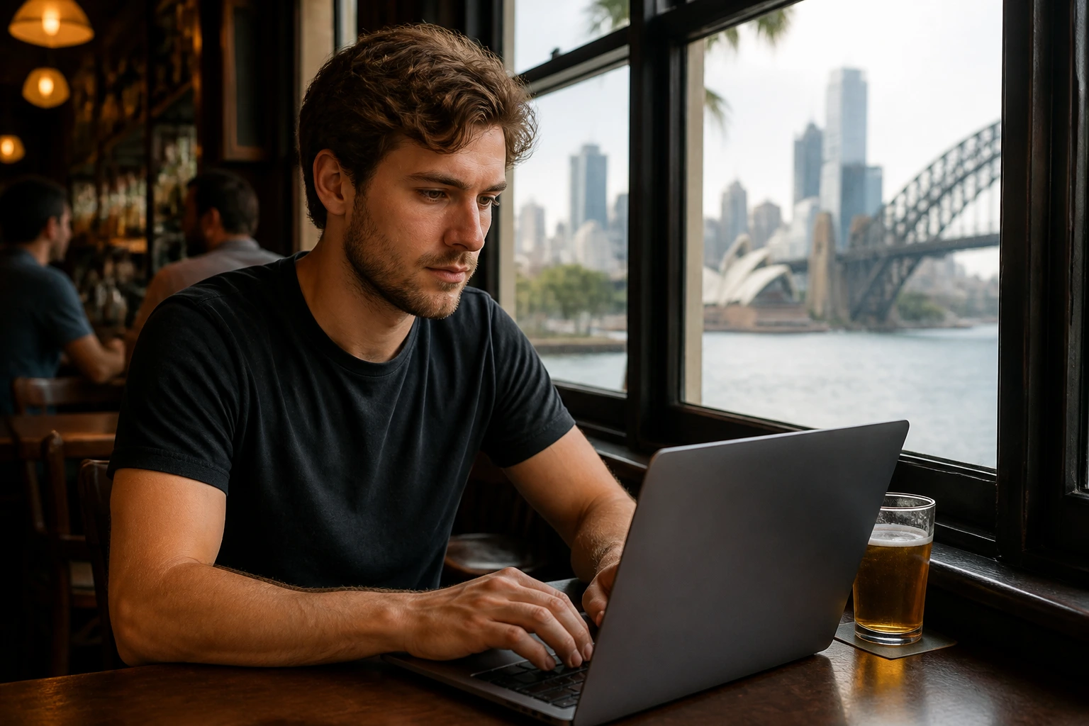Person searching for pub jobs on laptop by pub window with city view.