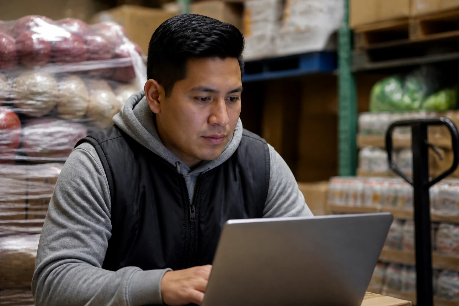 Portrait of a diverse job seeker using a laptop in a grocery back room