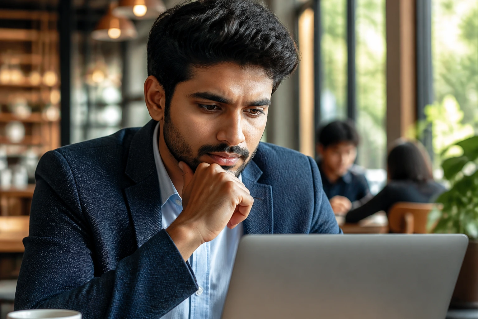 Professional job seeker in cafe looking at laptop screen