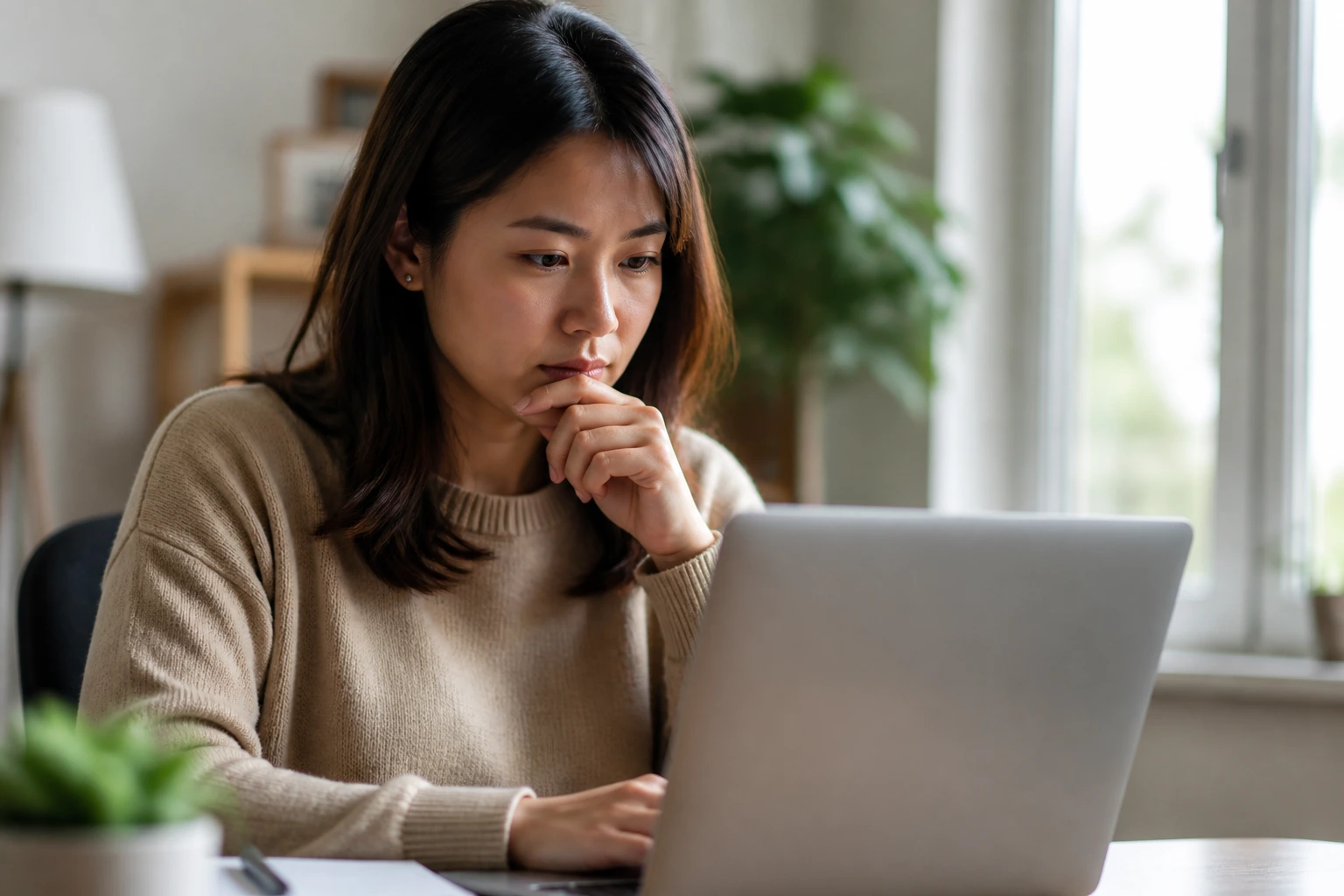 Close-up portrait of a real person searching for jobs on a laptop