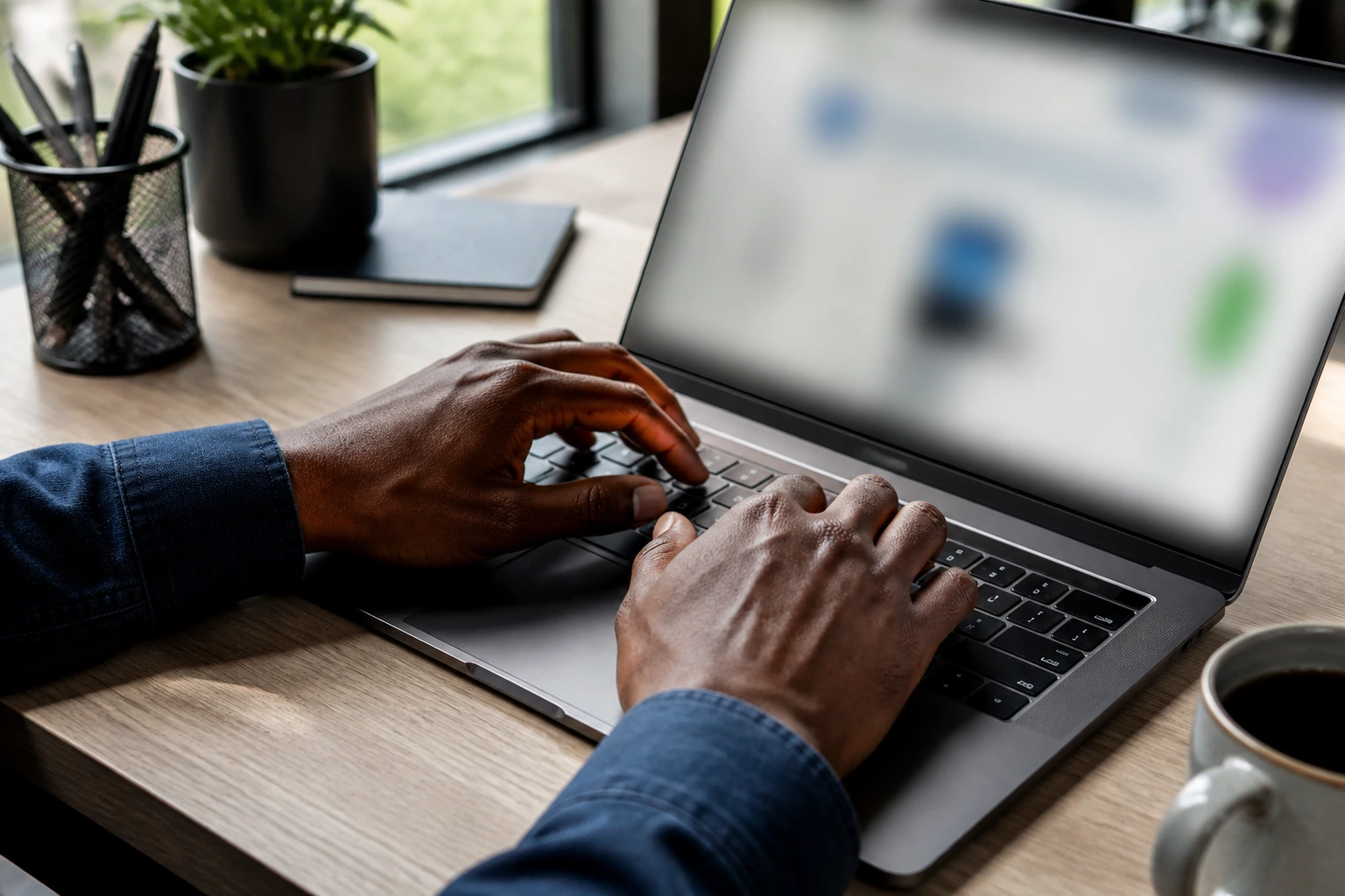 Hands typing on a laptop in an office, laptop screen blurred