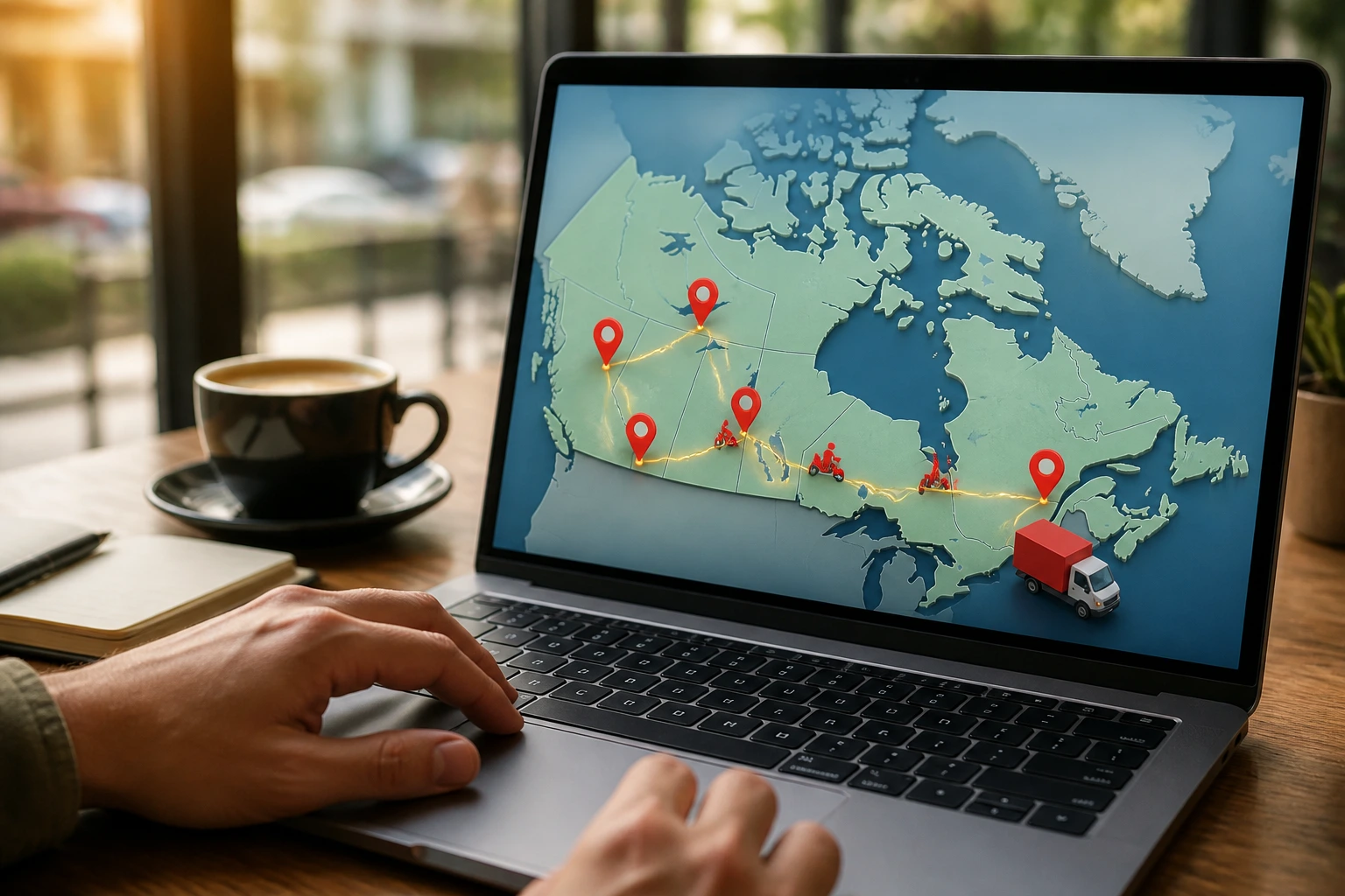 Laptop screen displaying a text-free map of Canada with route icons in a cafe
