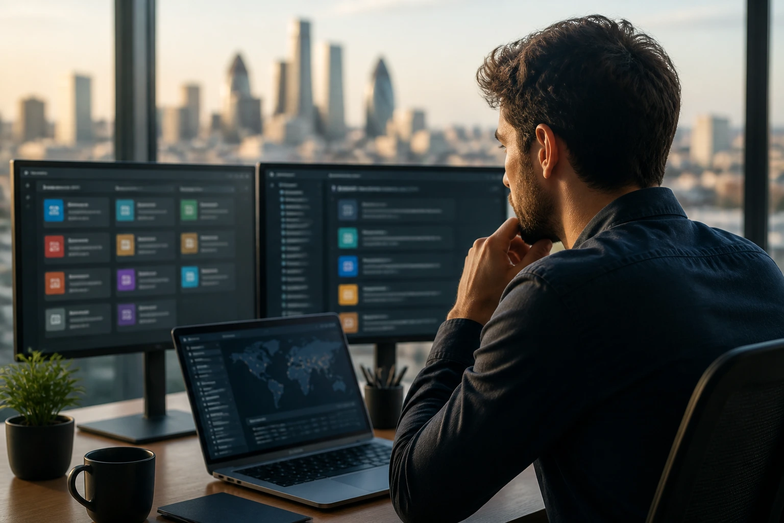 Portrait of a software engineer at a desk exploring diverse job channels in a modern office