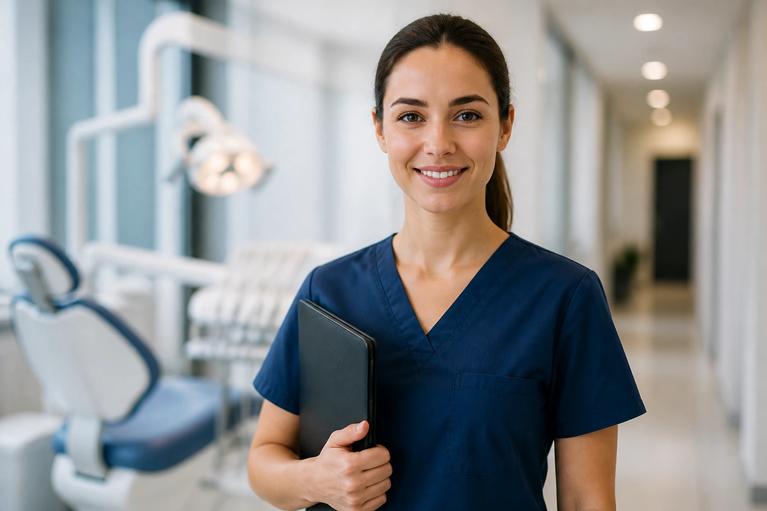Confident professional in a dental clinic corridor holding a folder