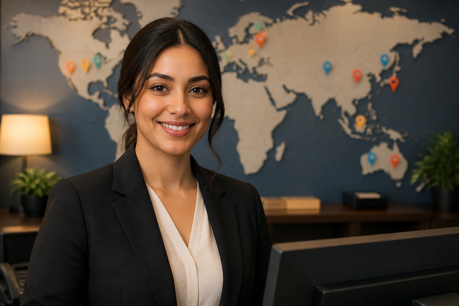 Person in an office with a world map backdrop suggesting visa sponsorship job search.
