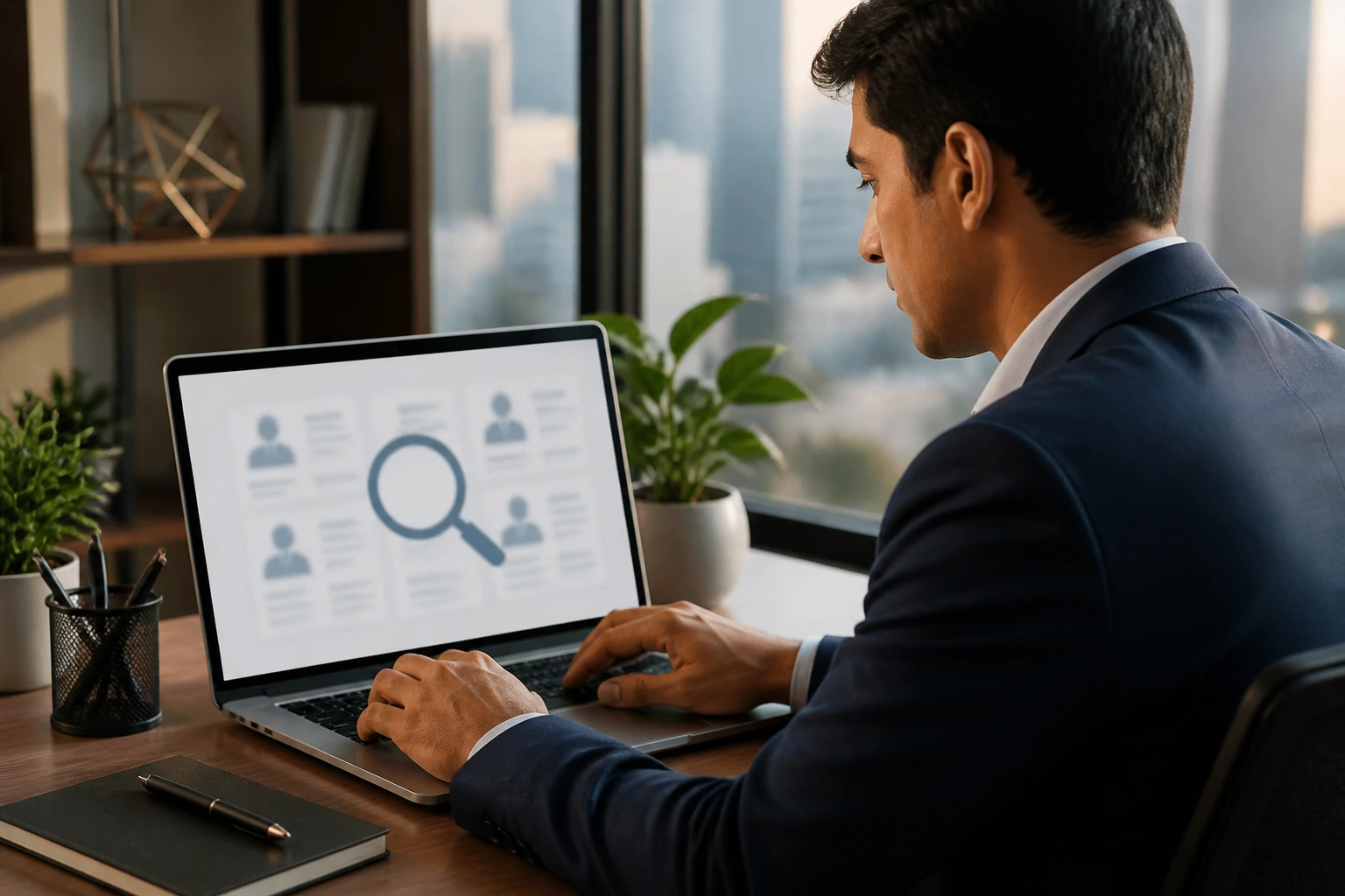 Professional searching for openings on a laptop in an office