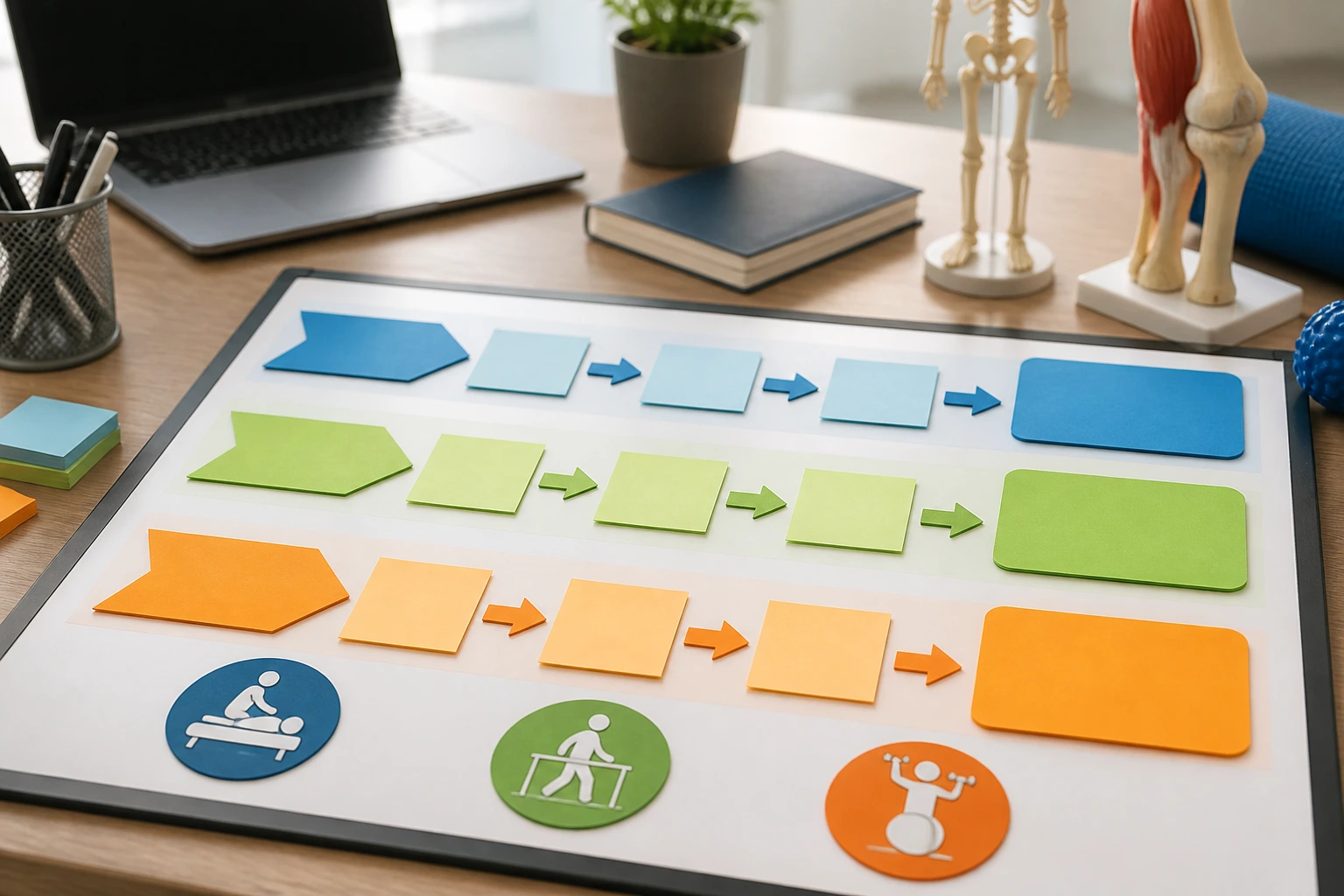 Close-up planning board with color-coded shapes and arrows representing a 90-day job search plan, no text visible