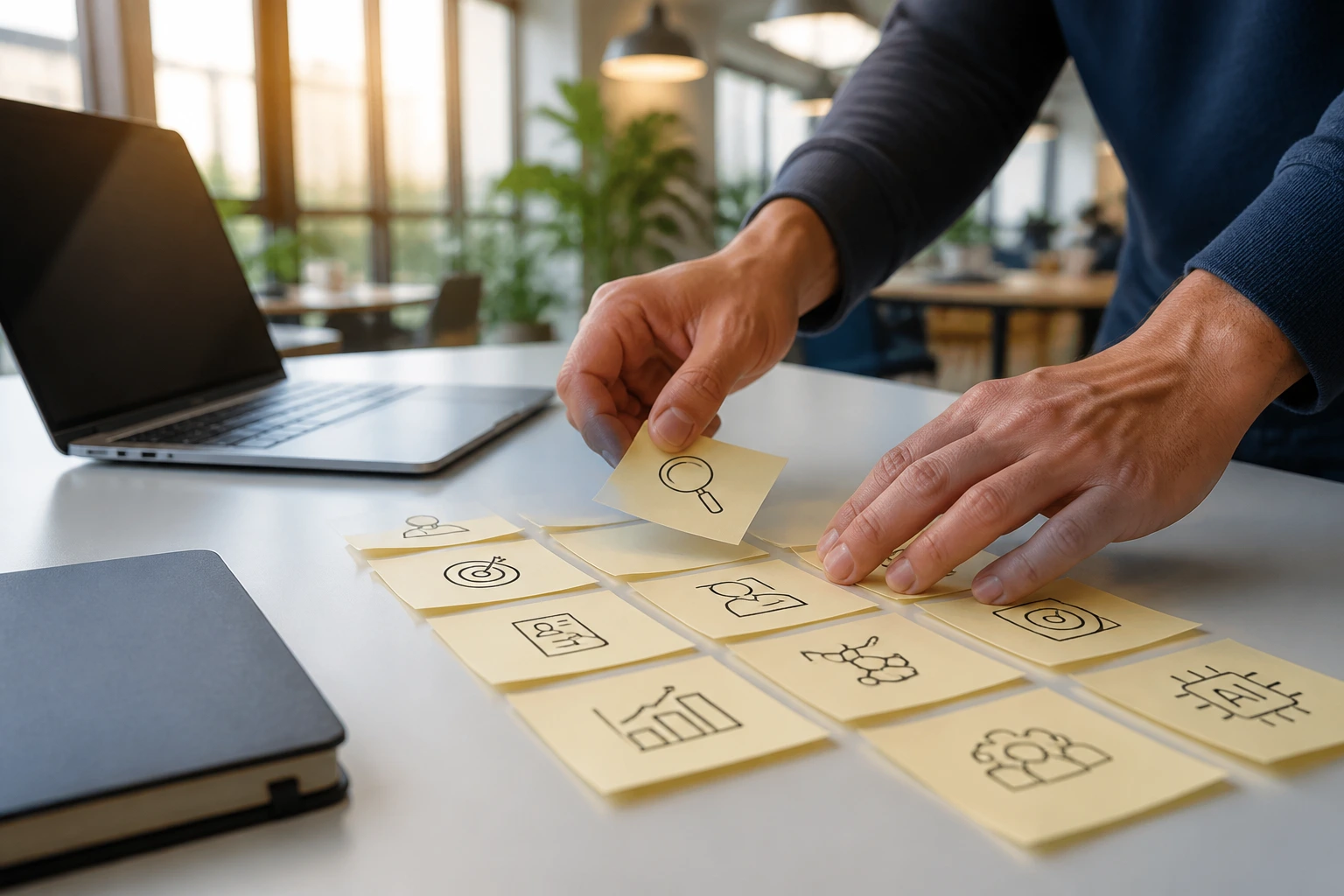 Close-up of hands arranging icon-based sticky notes on a desk, representing a structured 30-day job search plan