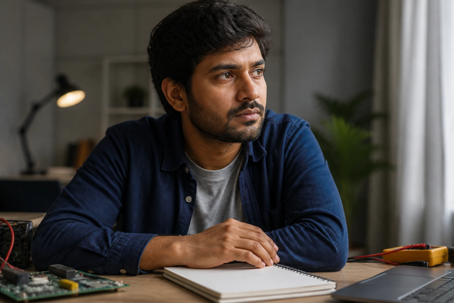 Close-up portrait of a thoughtful engineer reflecting resilience during a job search