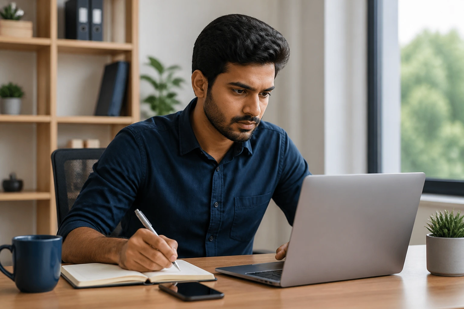 Professional at a desk illustrating a focused job search routine for visa sponsorship