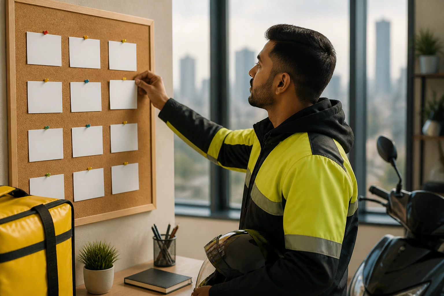 Person examining a blank corkboard for reliable job search sources
