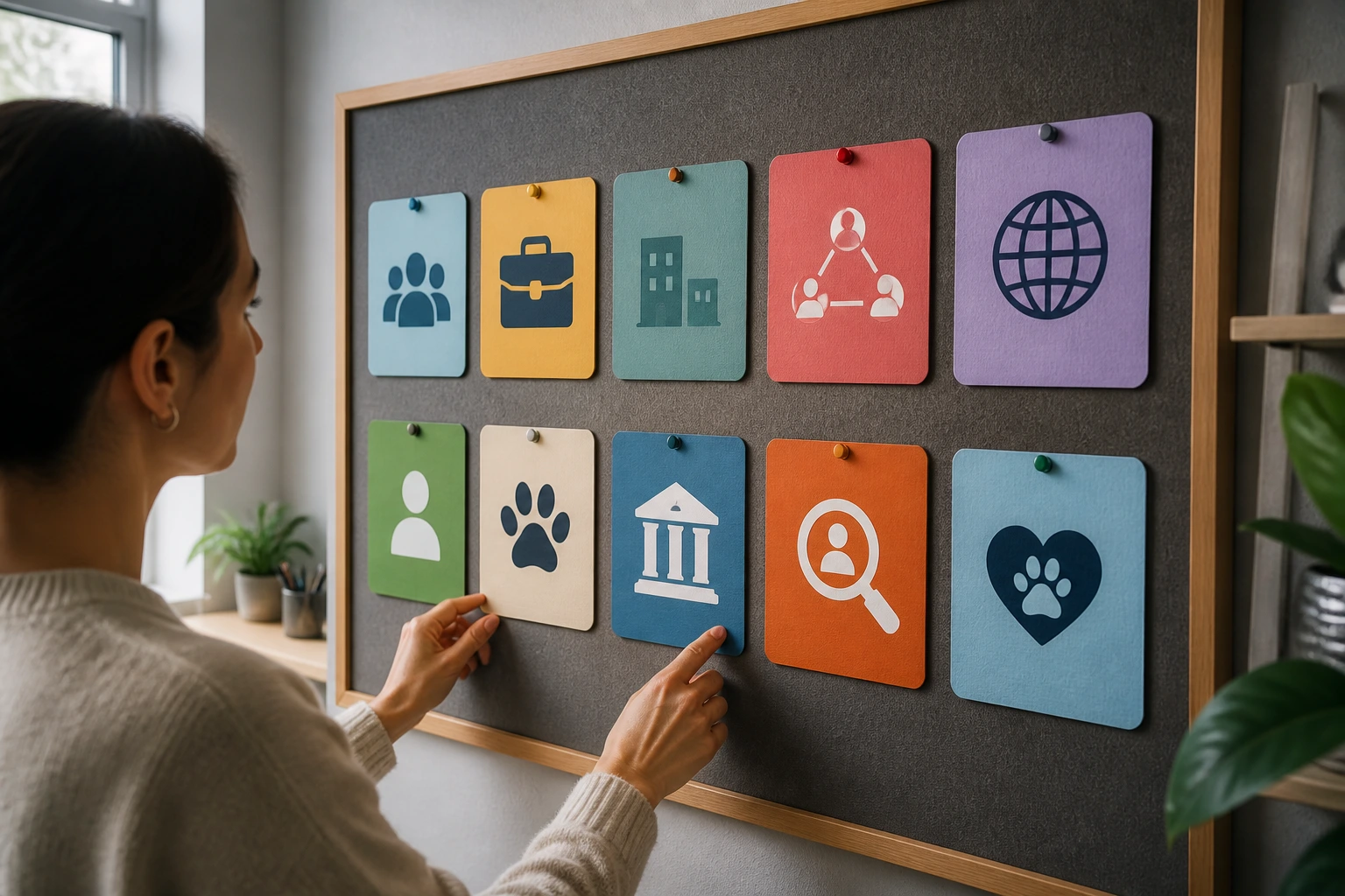 Person evaluating diverse job-search channels beyond dog-walking apps on a wall board