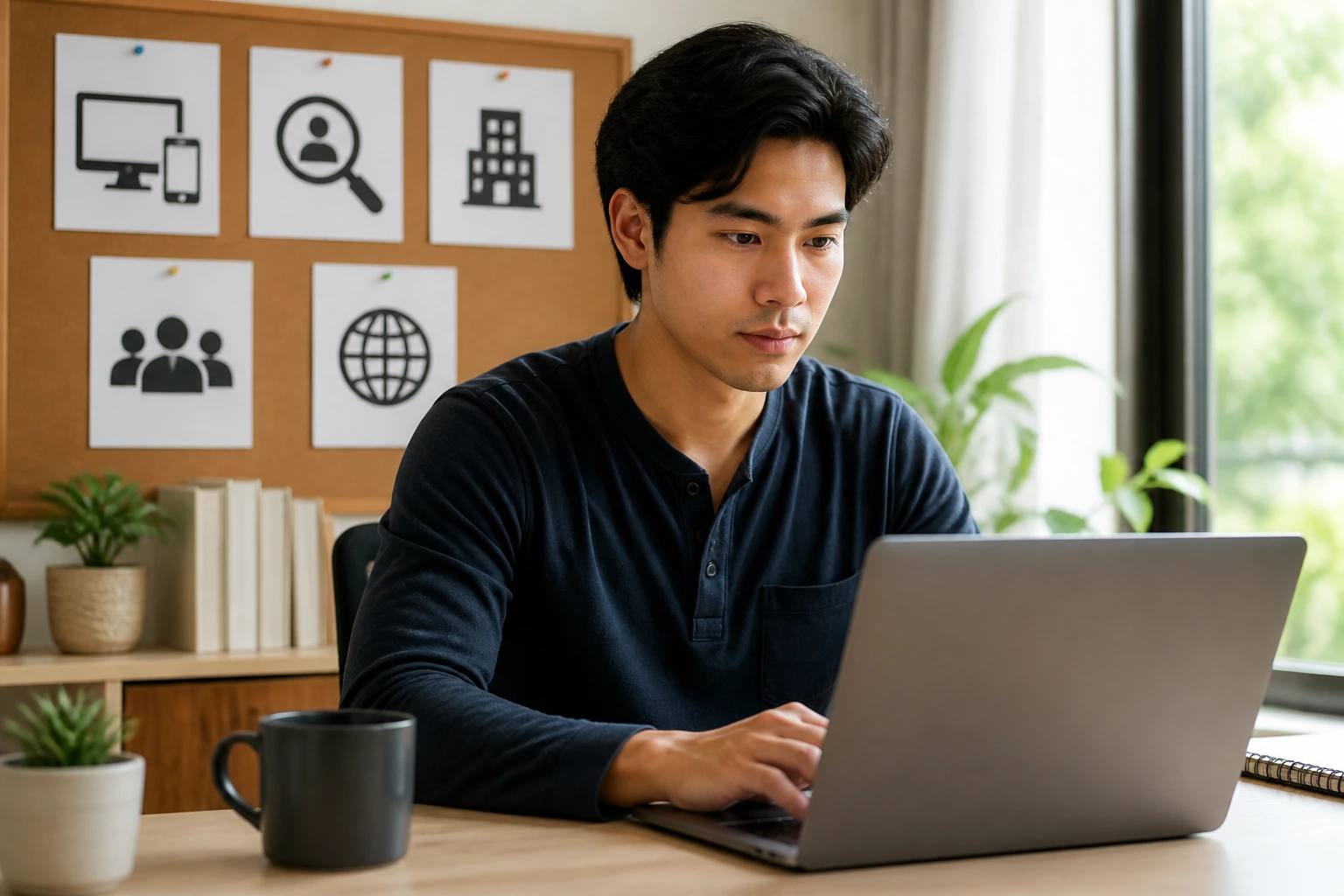 Person at desk searching for visa sponsorship jobs in Australia, no text in background