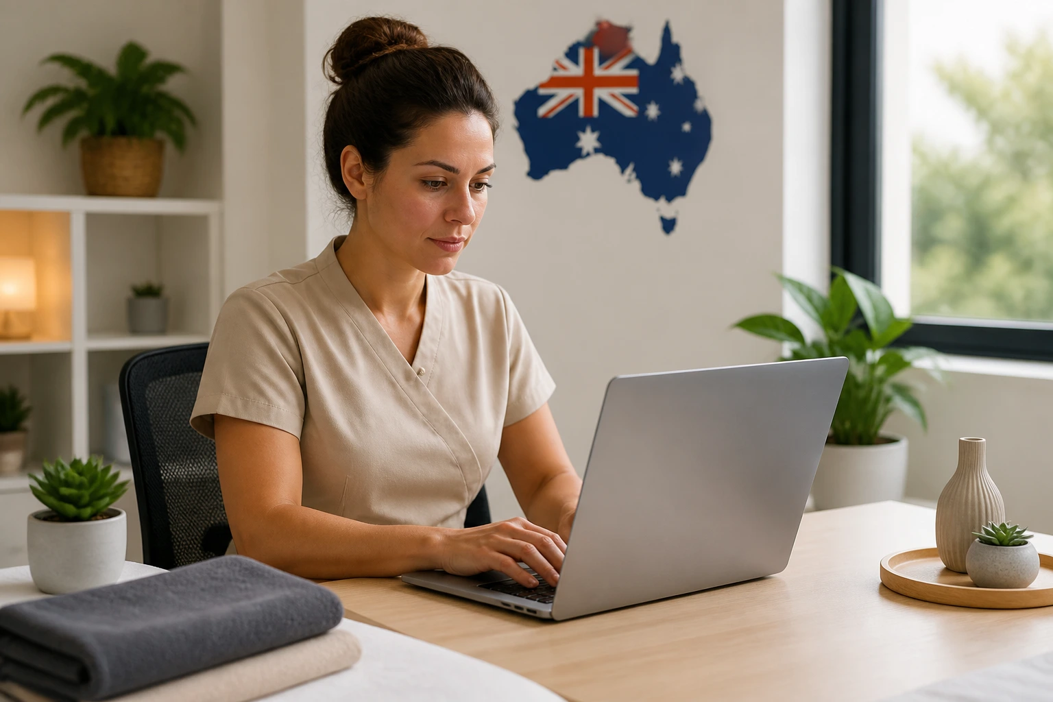 Person at desk looking at job listings on laptop in an office, preparing for sponsorship search.