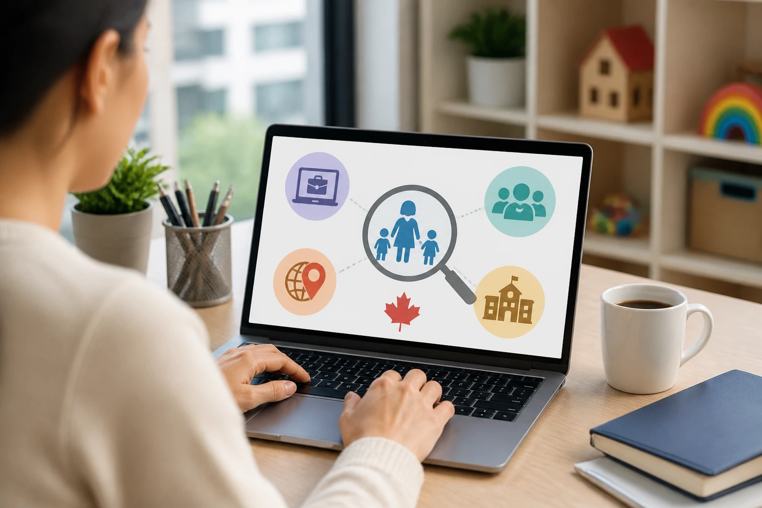 Person searching for sponsorship jobs on a laptop with icon-based websites