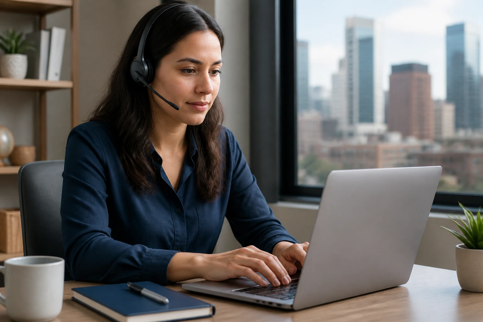 Bilingual professional typing on laptop in a quiet home office.