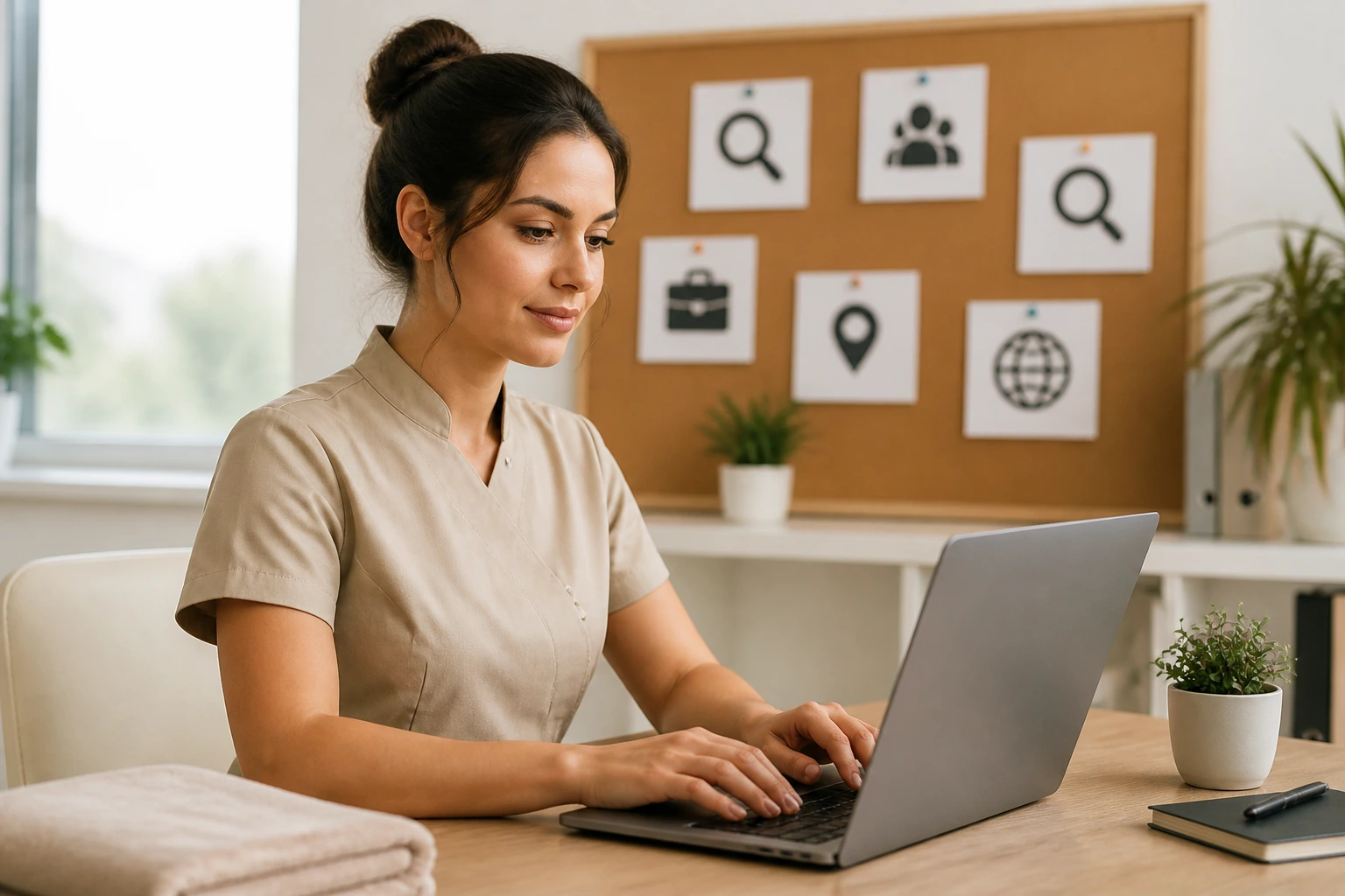 Person using laptop to search for sponsorship jobs with a blurred board of icons behind